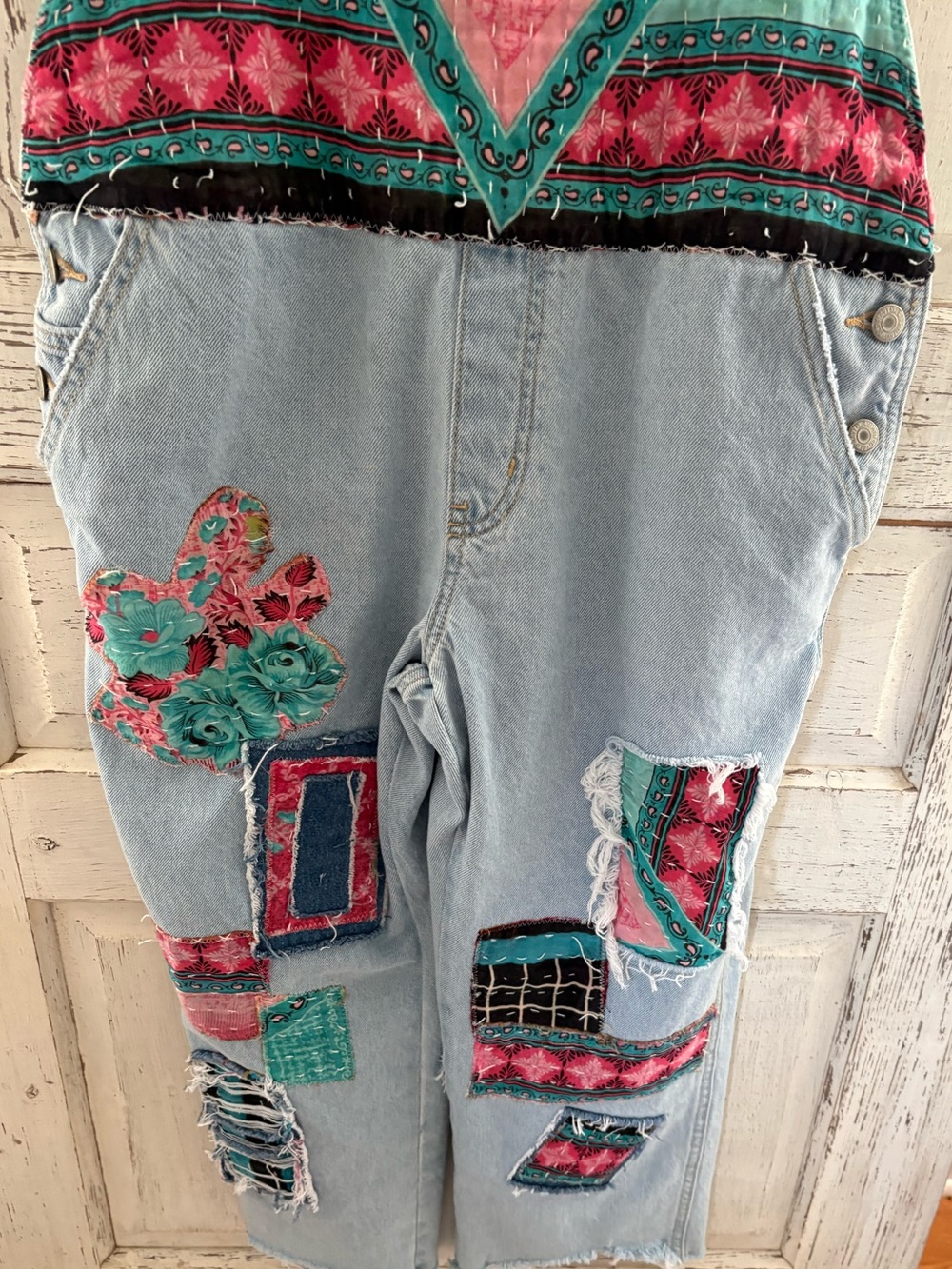 Upcycled Boho Kantha Patch Denim Overalls - Picture 5 of 6